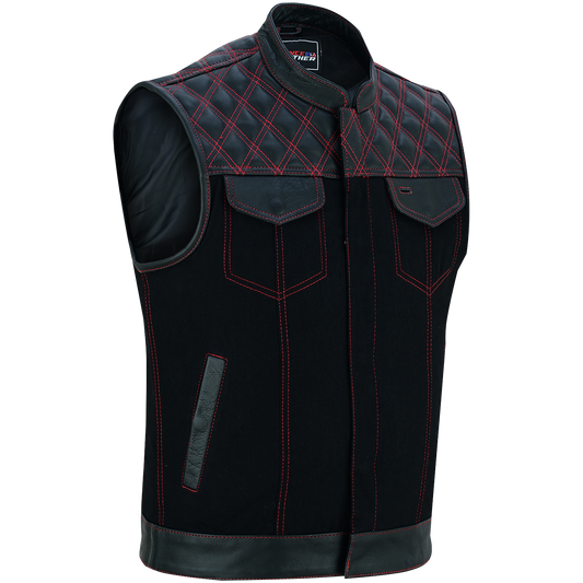 VB924RD Men's Denim & Leather Motorcycle Vest with Conceal Carry Pockets, SOA Biker Club Vest Red Stitching, Diamond Padding, Snap & Zipper Closure