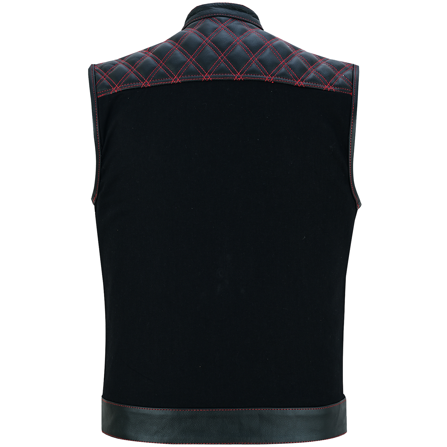 VB924RD Men's Denim & Leather Motorcycle Vest with Conceal Carry Pockets, SOA Biker Club Vest Red Stitching, Diamond Padding, Snap & Zipper Closure