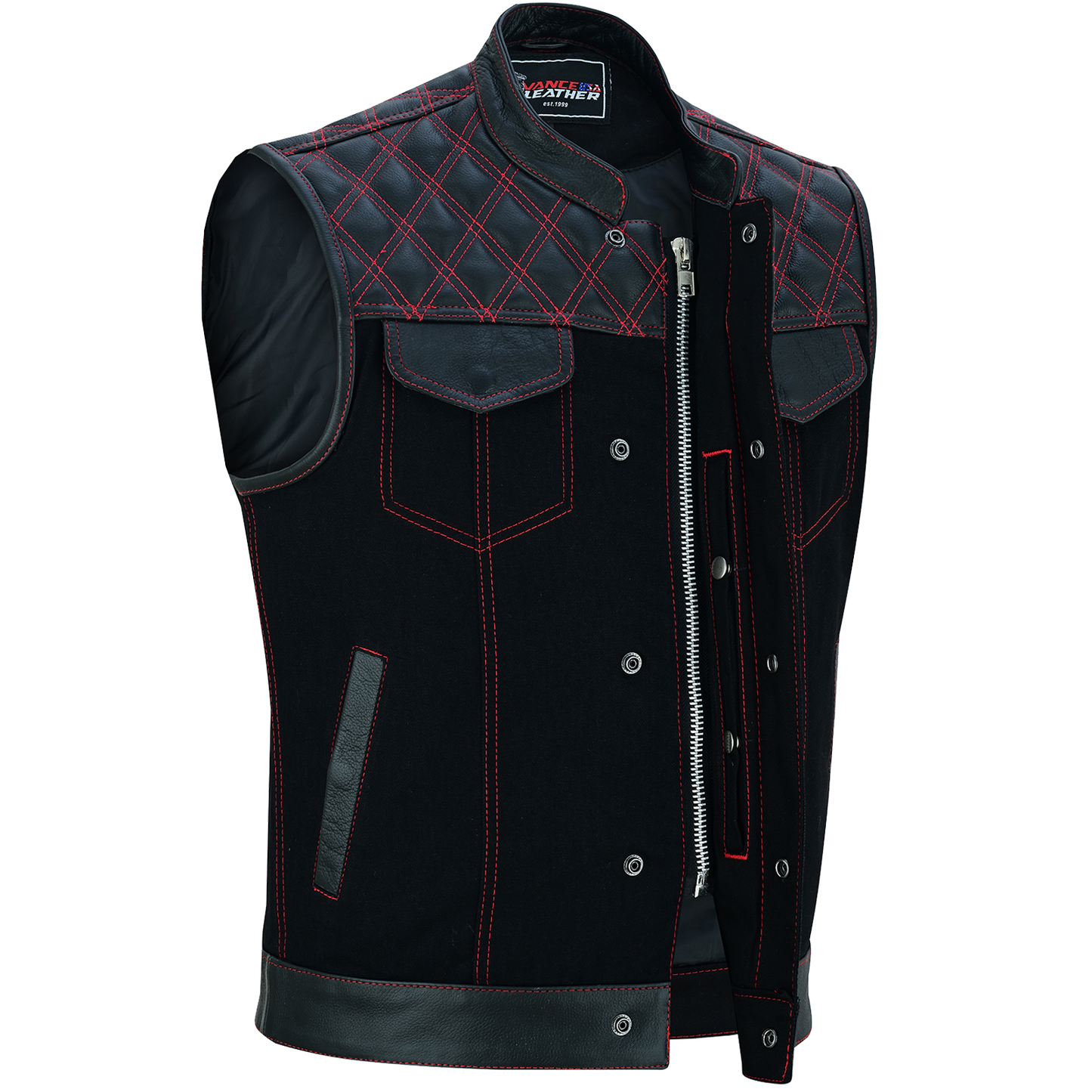 VB924RD Men's Denim & Leather Motorcycle Vest with Conceal Carry Pockets, SOA Biker Club Vest Red Stitching, Diamond Padding, Snap & Zipper Closure