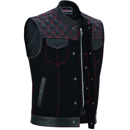 VB924RD Men's Denim & Leather Motorcycle Vest with Conceal Carry Pockets, SOA Biker Club Vest Red Stitching, Diamond Padding, Snap & Zipper Closure