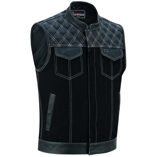 VB924WH Men's Denim & Leather Motorcycle Vest with Conceal Carry Pockets, SOA Biker Club Vest White Stitching, Diamond Padding, Snap & Zipper Closure