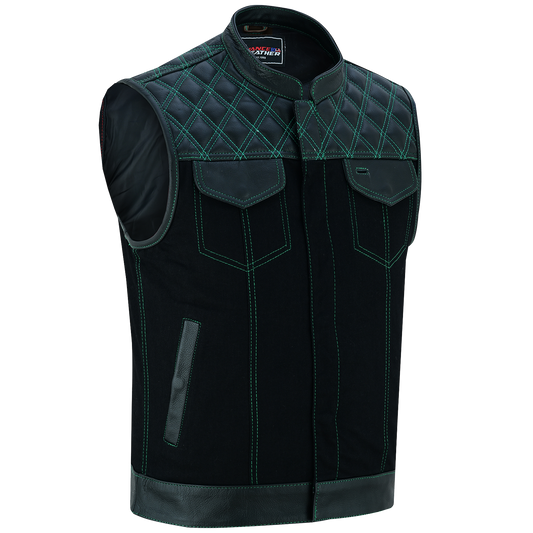 VB924GN Men's Denim & Leather Motorcycle Vest with Conceal Carry Pockets, SOA Biker Club Vest Green Stitching, Diamond Padding, Snap & Zipper Closure