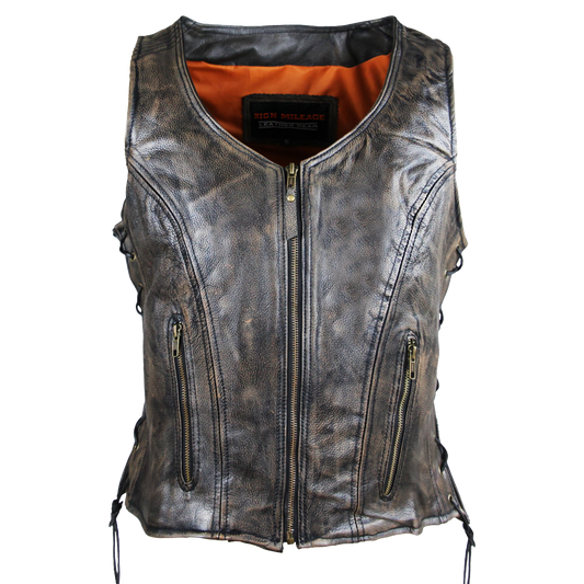 HML1029DB Vance Leather High Mileage Ladies Distressed Brown Lace Side Vest