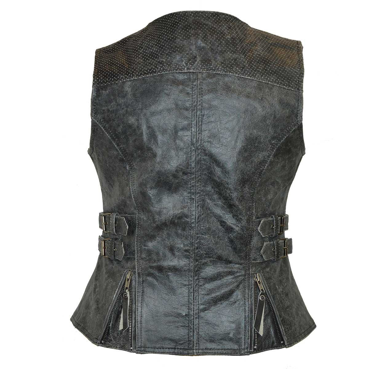 Ladies Distressed Gray Premium Leather Concealed Carry Motorcycle Vest
