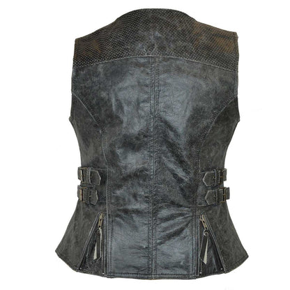 Ladies Distressed Gray Premium Leather Concealed Carry Motorcycle Vest