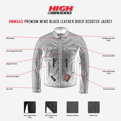HMM543 High Mileage Premium Men's Black Leather Jacket Infographic