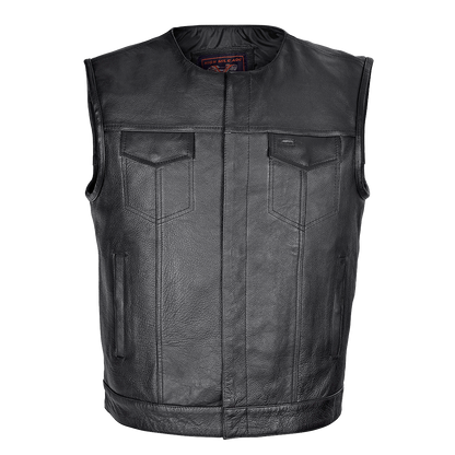 Men's Zipper and Snap Closure Leather Motorcycle Club Vest Quick Access Gun Pocket