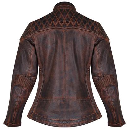 HML621VB High Mileage Ladies Vintage Brown Leather Jacket with Diamond Stitched Shoulders