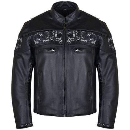 VL535 Reflective Skull Premium Cowhide Leather Motorcycle Jacket