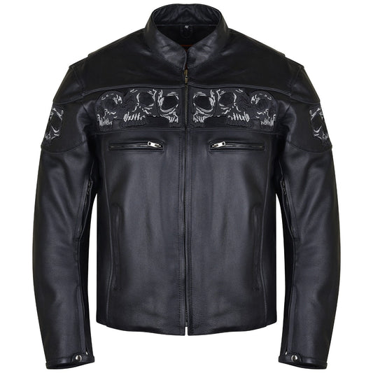 VL535 Reflective Skull Premium Cowhide Leather Motorcycle Jacket