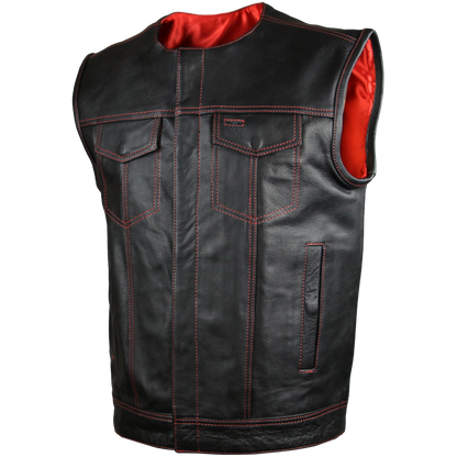 HMM919R High Mileage Men's Zipper and Snap Closure Leather Club Vest Quick Access Gun Pocket w/Red Liner