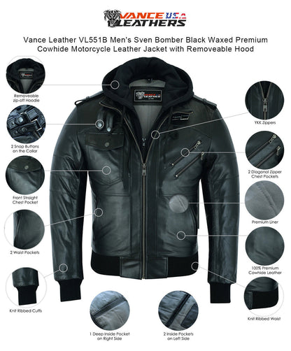 VL551B Vance Leathers' Men's Sven Bomber Black Waxed Premium Cowhide Motorcycle Leather Jacket with Removeable Hood