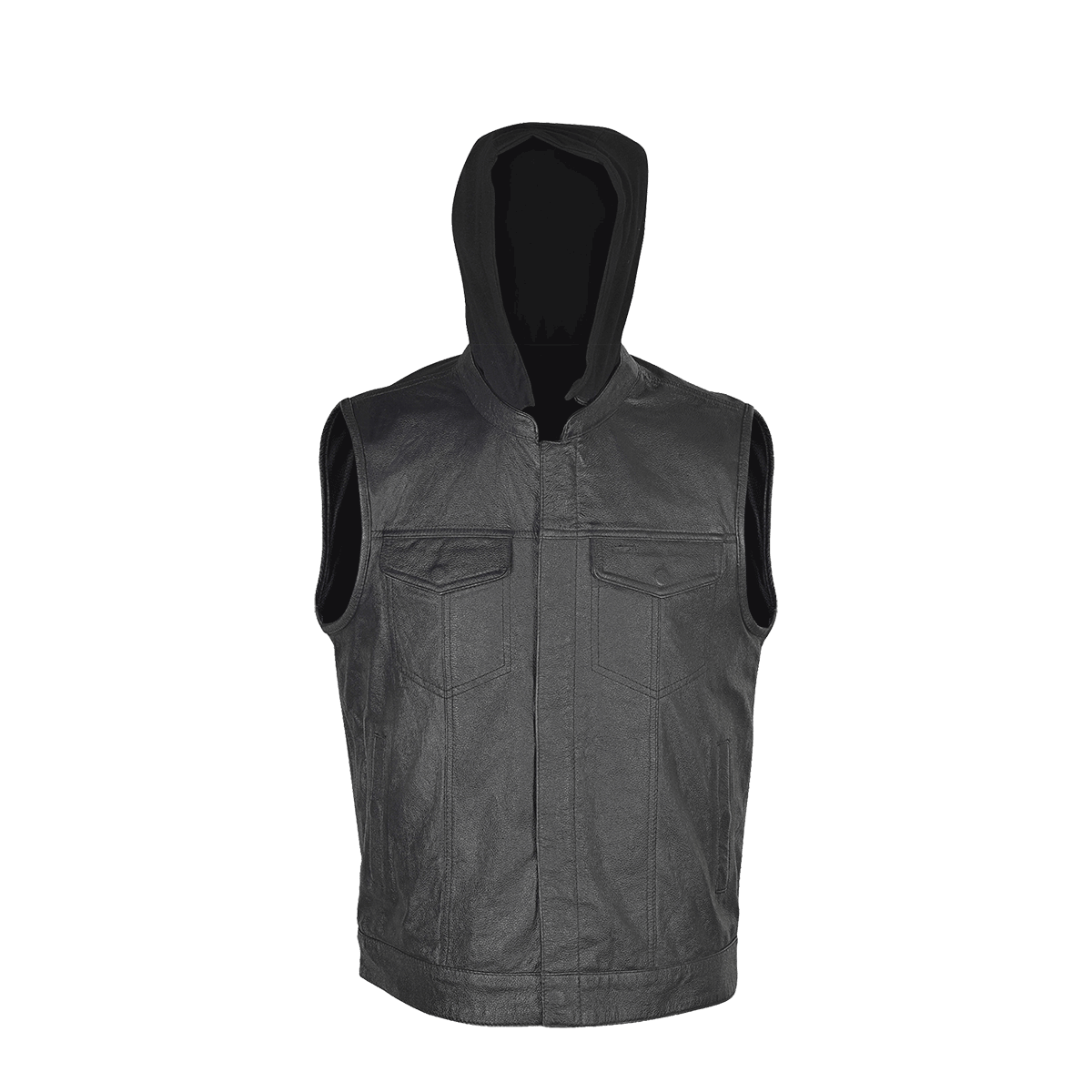 Zipper and Snap Closure Leather Motorcycle Club Vest with Hoodie and 2 Gun Pockets