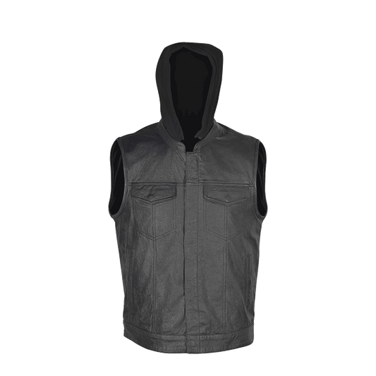 Zipper and Snap Closure Leather Motorcycle Club Vest with Hoodie and 2 Gun Pockets