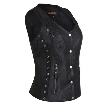 HML1038B Ladies Lightweight Naked Goatskin Leather Vest with Grommets, Twill and Lace Highlights