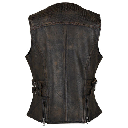 HML1037DB Ladies Distressed Brown Vest with Buckles