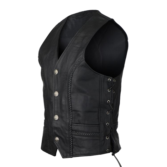 HMM908 Buffalo Nickel Leather Vest with Braid and Side Laces