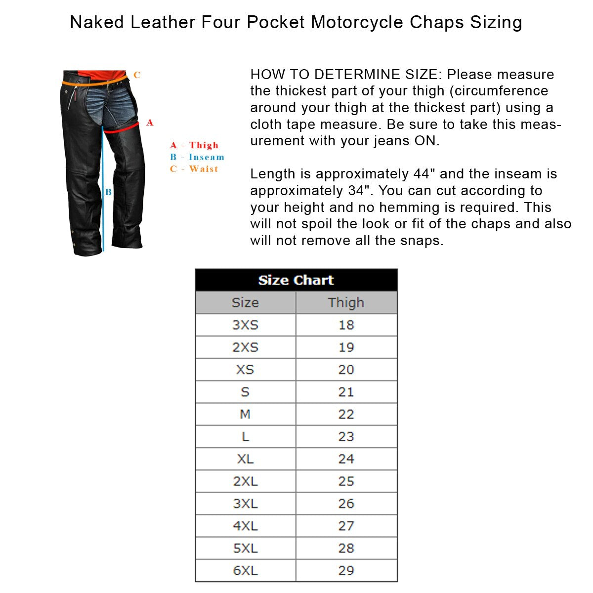 VL811S Vance Leather Men and Women Black Four Pocket Biker Leather Motorcycle Chaps