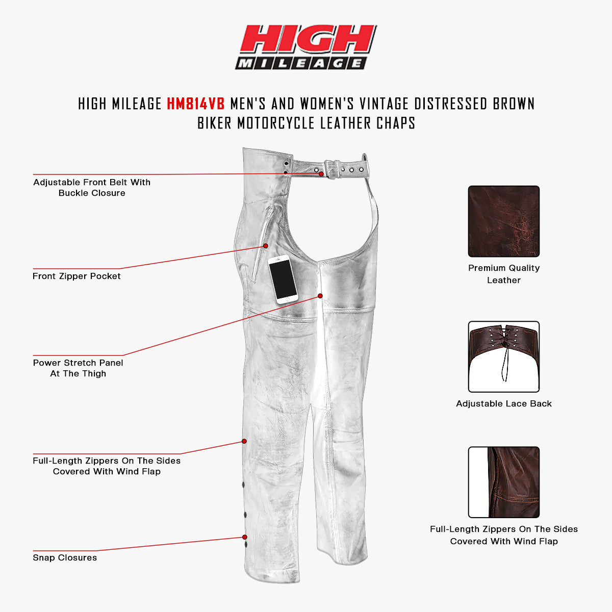 HM814VB Vance Leather High Mileage Vintage Brown Leather Chap infographic