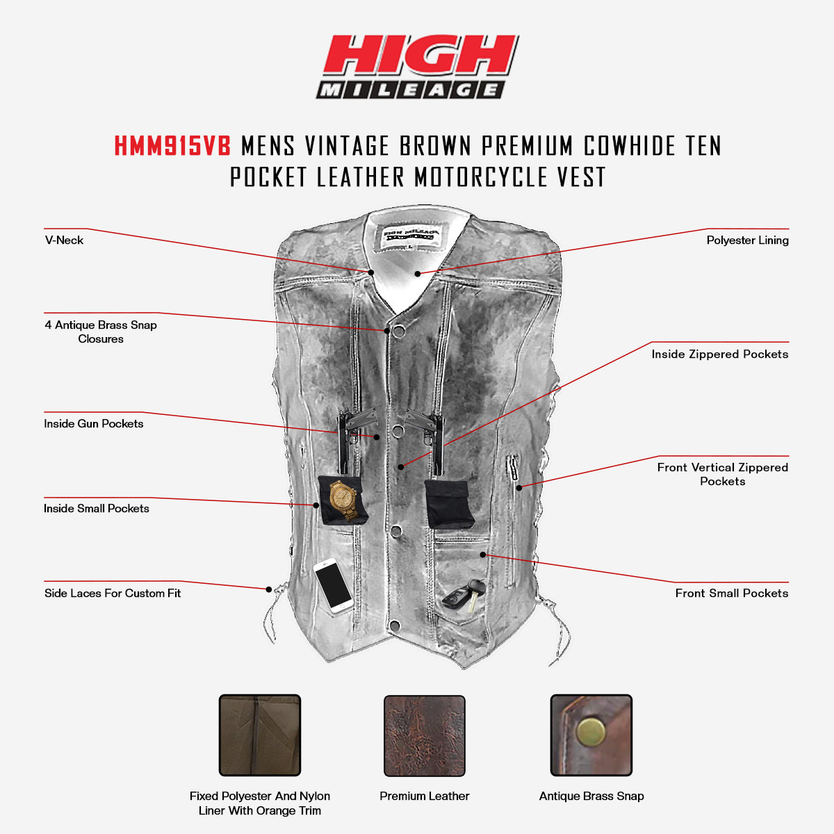 HMM915VB Vance Leather High Mileage Men's Vintage Brown 10 Pocket Vest infographic