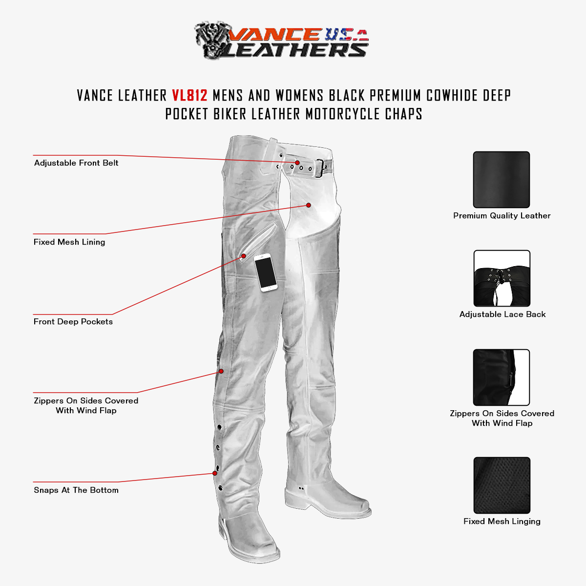 VL812 Premium Cowhide Deep Pocket Leather Chaps infographic