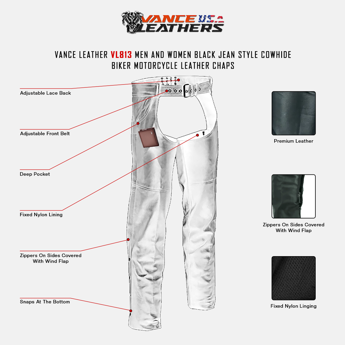 VL813 Vance Leather Levi Style Pocket Premium Leather Chaps infographic