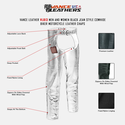 VL813 Vance Leather Levi Style Pocket Premium Leather Chaps infographic