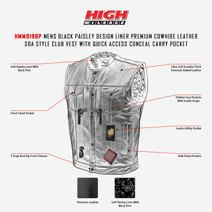 HMM919BP High Mileage Men's Zipper and Snap Closure Leather Club Vest Quick Access Gun Pocket w/Paisley Liner infographic