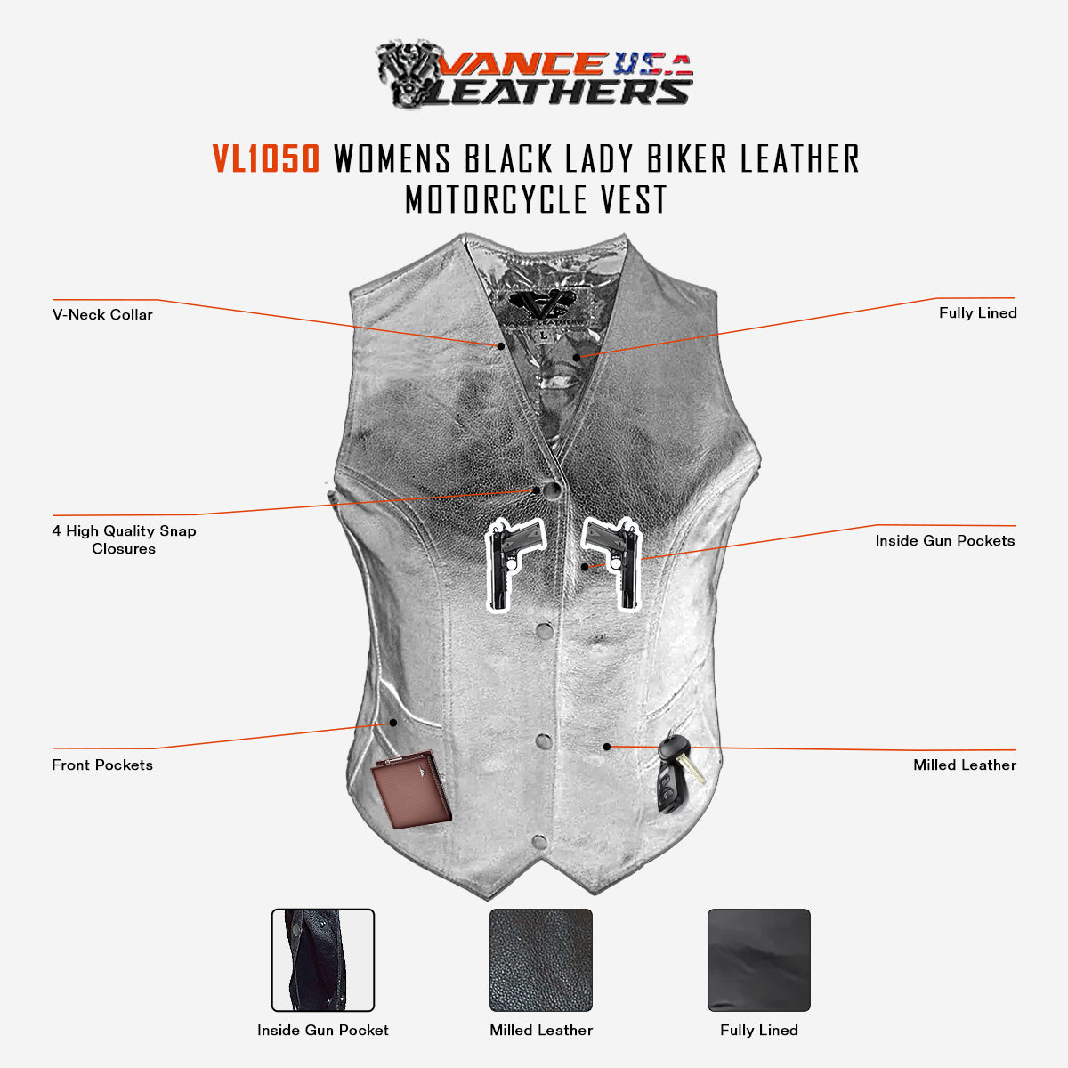 VL1050 Ladies Plain Side Vest with Gun Pockets infographic