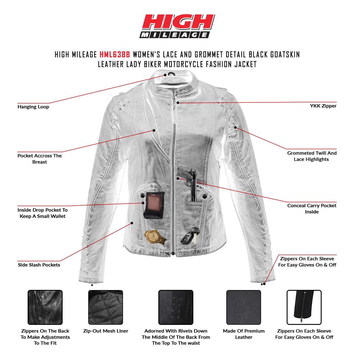 HML638B High Mileage Ladies Lightweight Black Goatskin Jacket w/ Grommeted Twill and Lace Highlights infographic