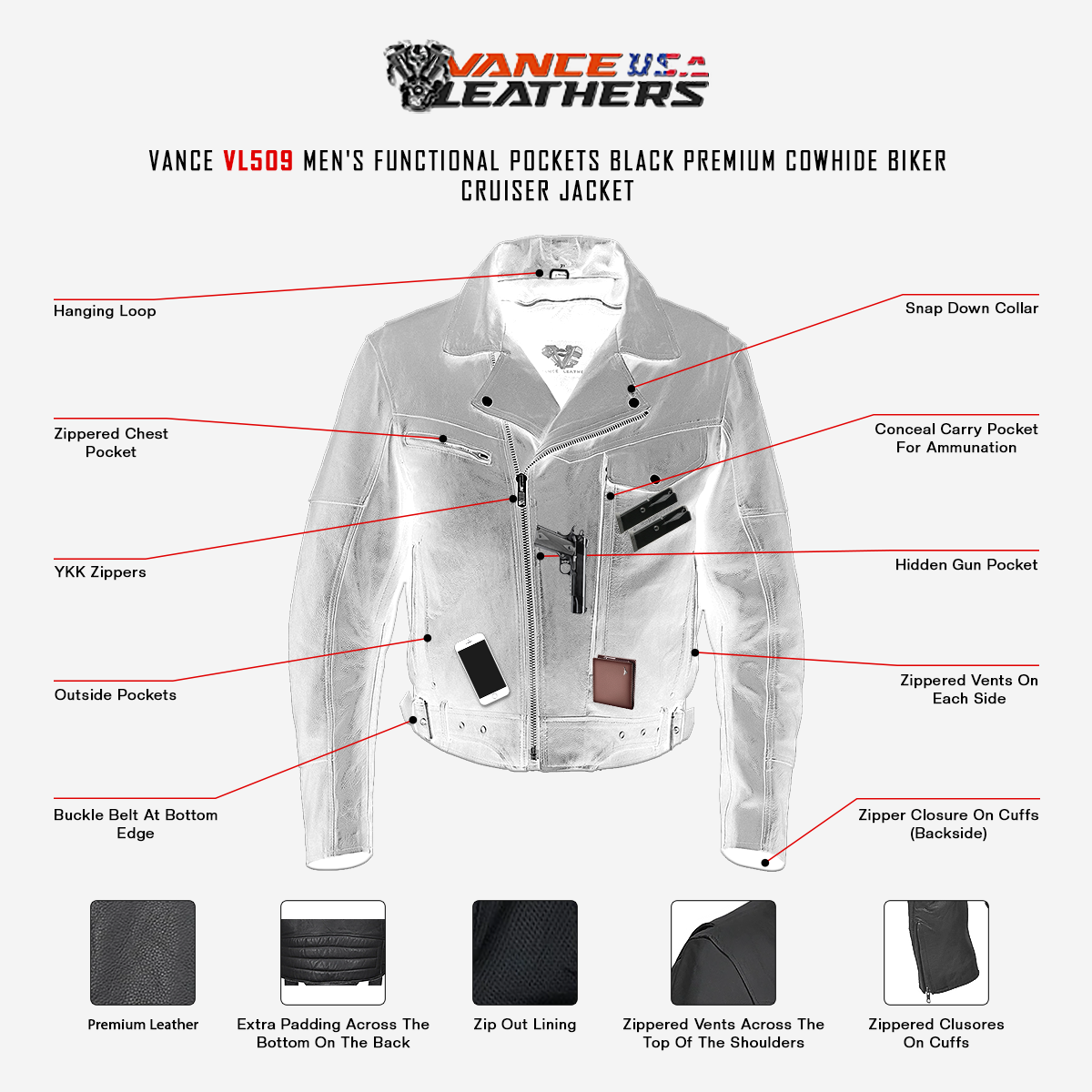 VL509 Men's Pistol Pete Jacket Premium Leather / Lower Padded Back infographic