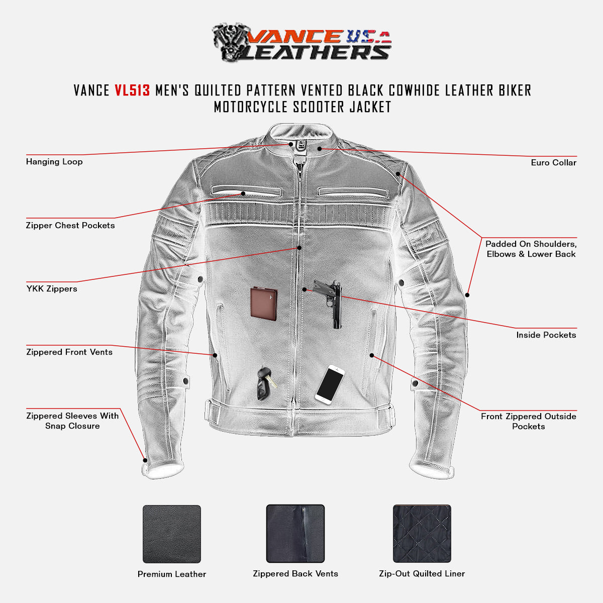 VL513 Vance Leather Men's Padded/Vented Scooter Jacket infographic