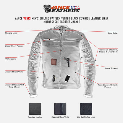 VL513 Vance Leather Men's Padded/Vented Scooter Jacket infographic