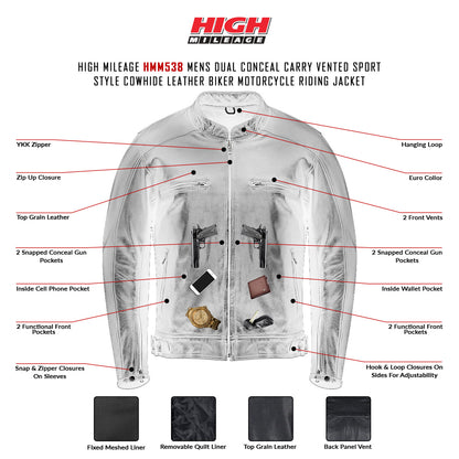 HMM538 Men's Cowhide Premium Leather Scooter Jacket with Conceal Carry infographic