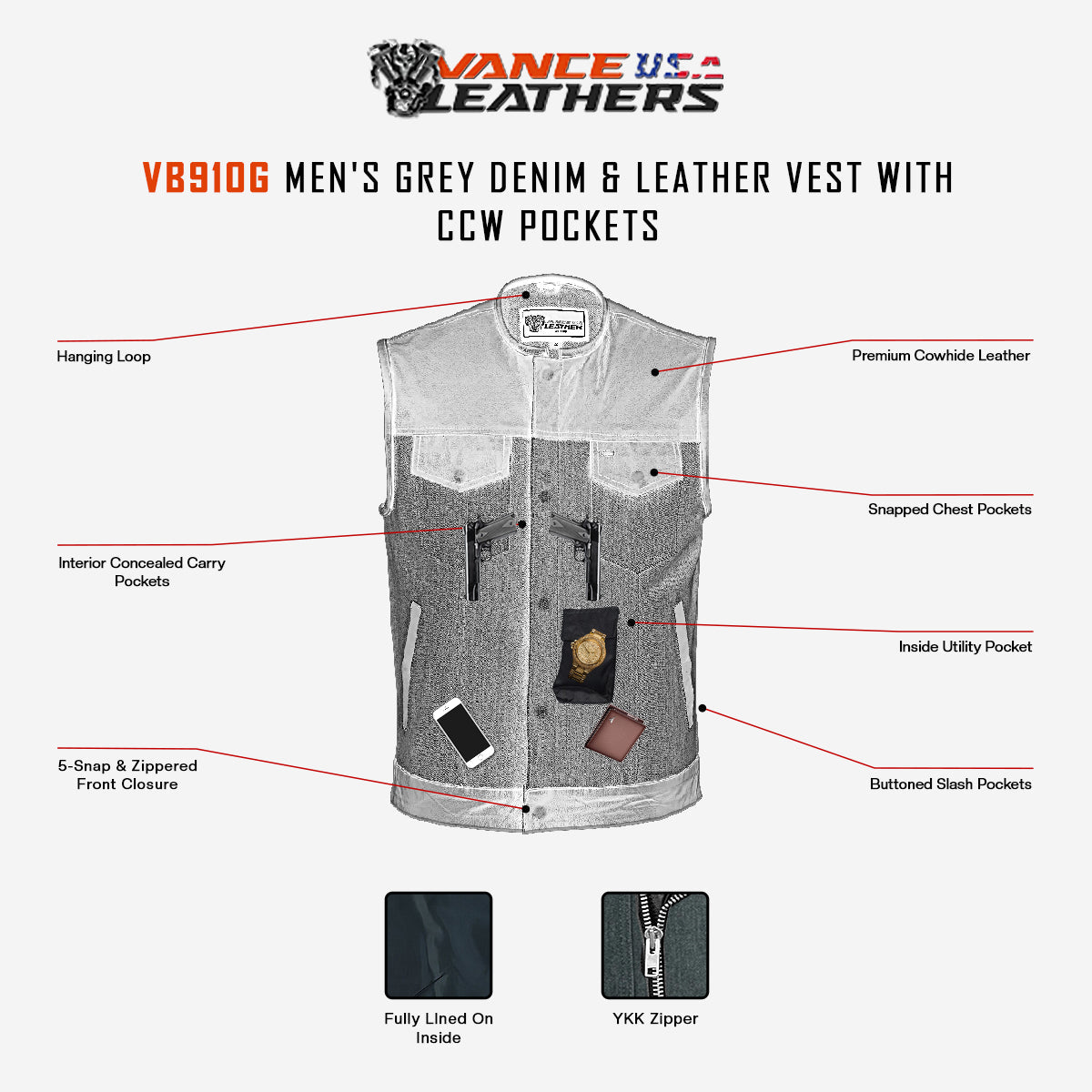 VB910G Vance Leathers Men's Grey Denim & Leather Motorcycle Vest with CCW Pockets infographics