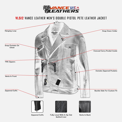 VL512 Vance Leather Men's Double Pistol Pete Leather Jacket infographic