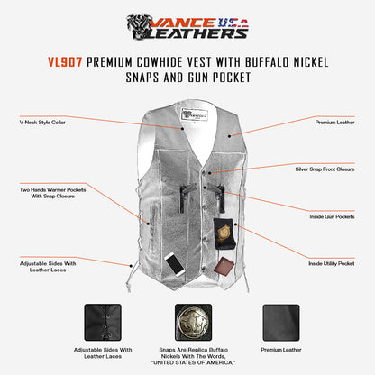 VL907 Vance Leather Premium Cowhide Vest with Buffalo Nickel Snaps and Gun Pocket Infographic