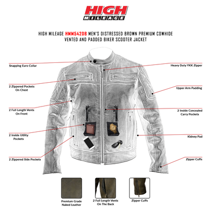 HMM542DB High Mileage Men's Distressed Brown Padded and Vented Leather Scooter Jacket infographic
