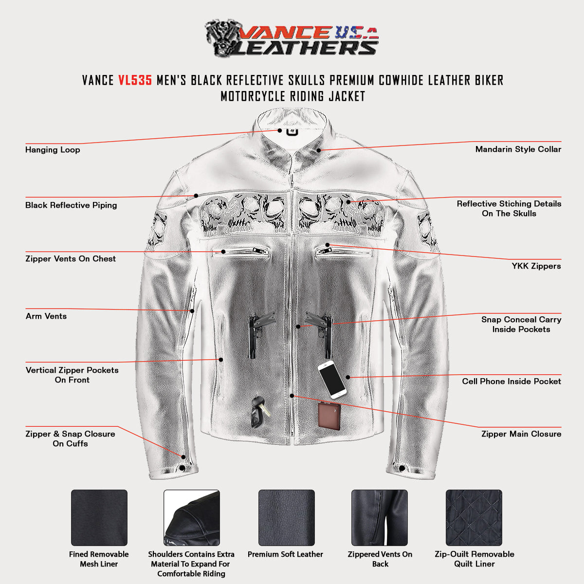 VL535 Reflective Skull Premium Cowhide Leather Motorcycle Jacket infographic