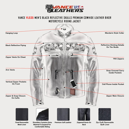 VL535 Reflective Skull Premium Cowhide Leather Motorcycle Jacket infographic